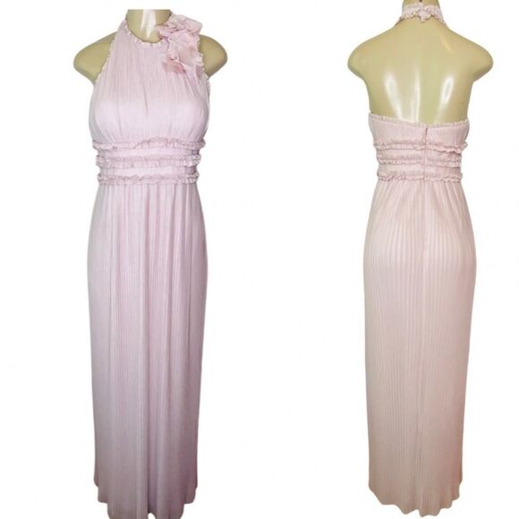 Js Collections Blush Pleated Mesh Halter FL Gown - Picture 3 of 15
